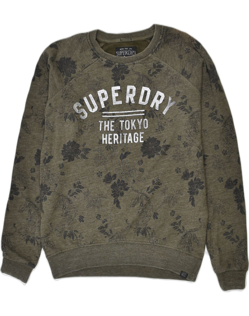 SUPERDRY Mens Graphic Sweatshirt Jumper Small Khaki Floral Cotton | Vintage | Thrift | Second-Hand | Used Clothing | Messina Hembry 