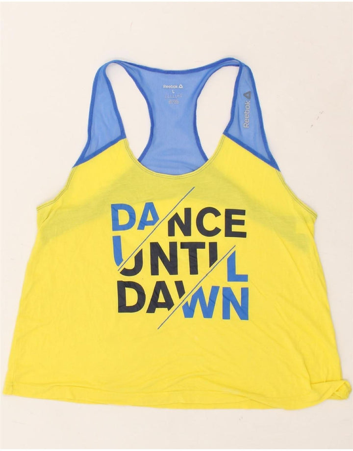 REEBOK Womens Graphic Vest Top UK 14 Large Yellow Colourblock Vintage Reebok and Second-Hand Reebok from Messina Hembry 