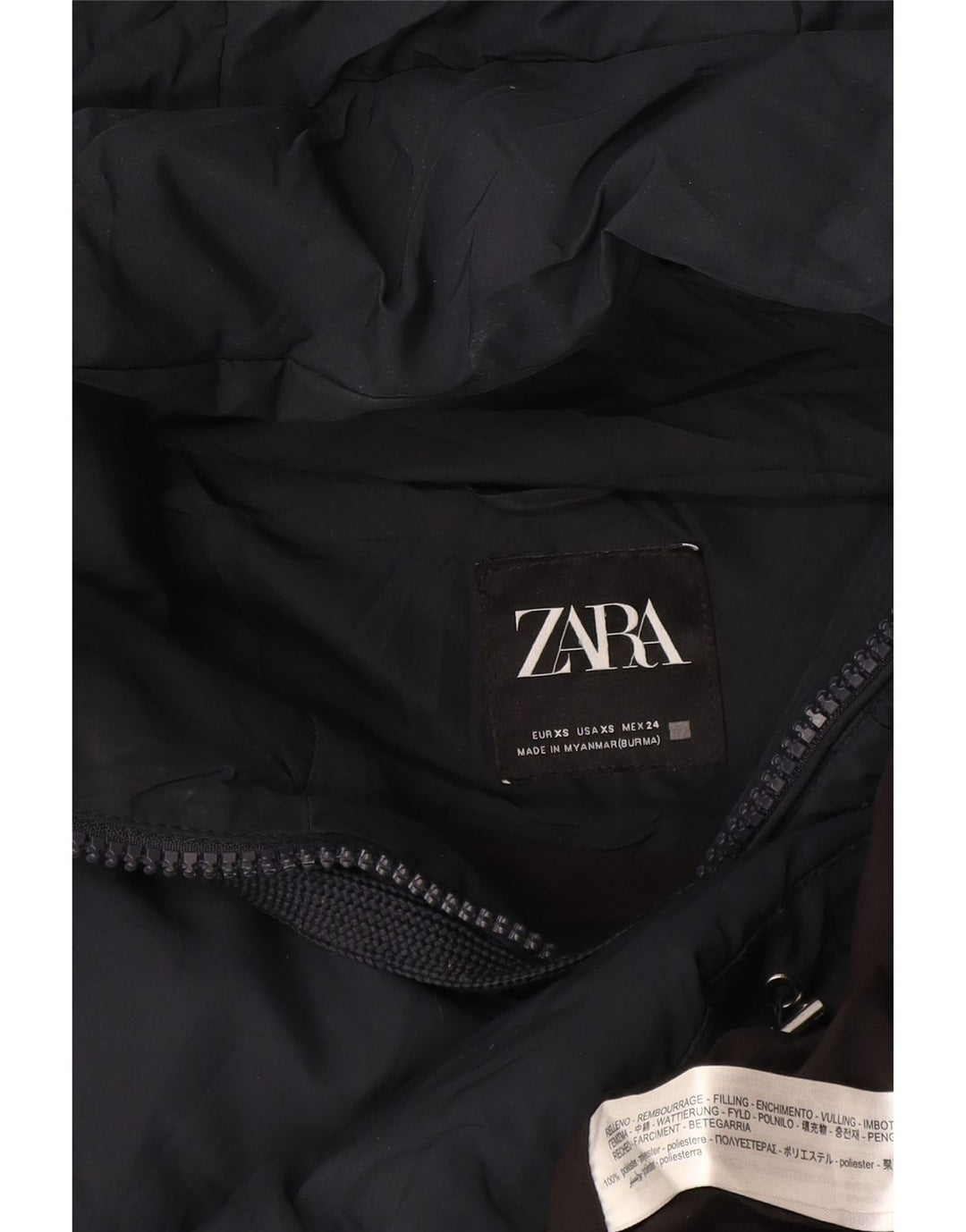 Zara Womens Oversized Crop Hooded Padded Jacket UK 6 XS Navy Blue Polyester