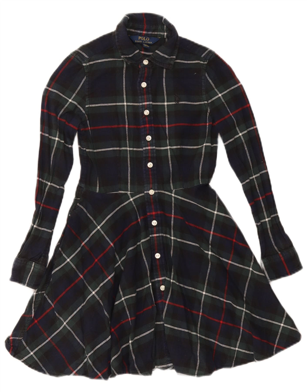 POLO RALPH LAUREN Girls Long Sleeve Shirt Dress 6-7 Years Navy Blue Check
