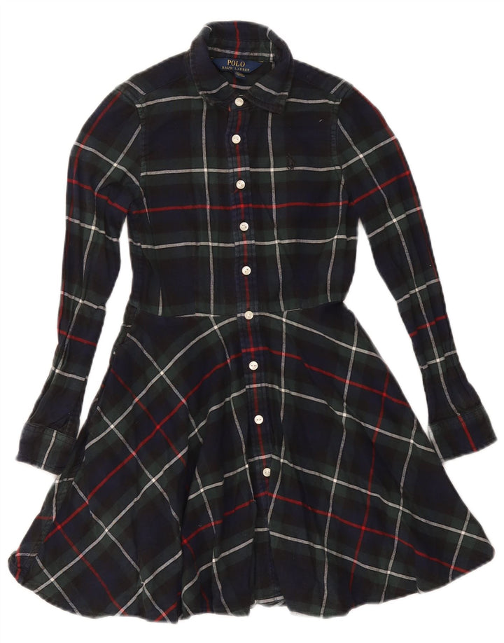 POLO RALPH LAUREN Girls Long Sleeve Shirt Dress 6-7 Years Navy Blue Check