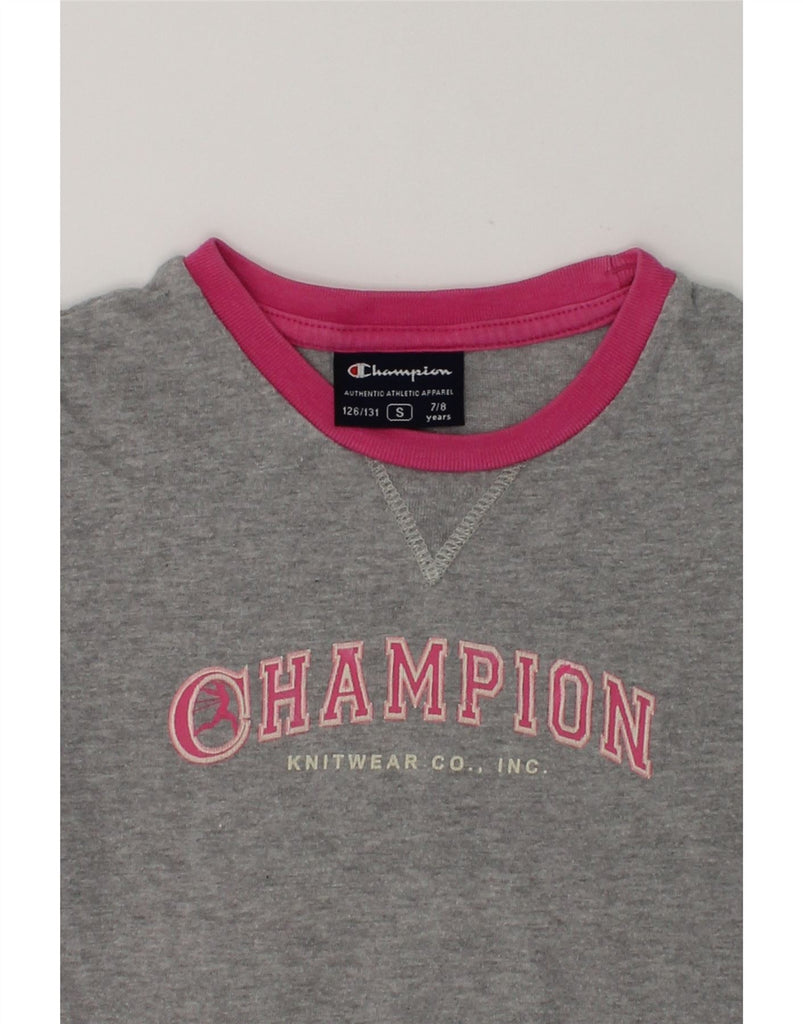 CHAMPION Girls Graphic T-Shirt Top 7-8 Years Small  Grey Colourblock | Vintage Champion | Thrift | Second-Hand Champion | Used Clothing | Messina Hembry 