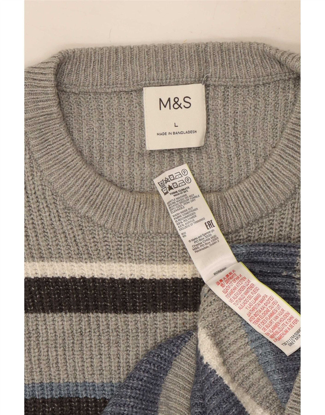 Marks & Spencer Mens Crew Neck Jumper Sweater Large Grey Striped Polyester
