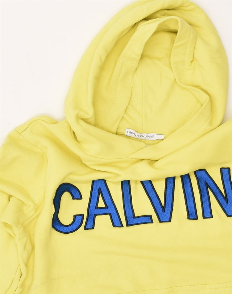 CALVIN KLEIN Girls Graphic Hoodie Jumper 13-14 Years Yellow Cotton | Vintage Calvin Klein | Thrift | Second-Hand Calvin Klein | Used Clothing | Messina Hembry 