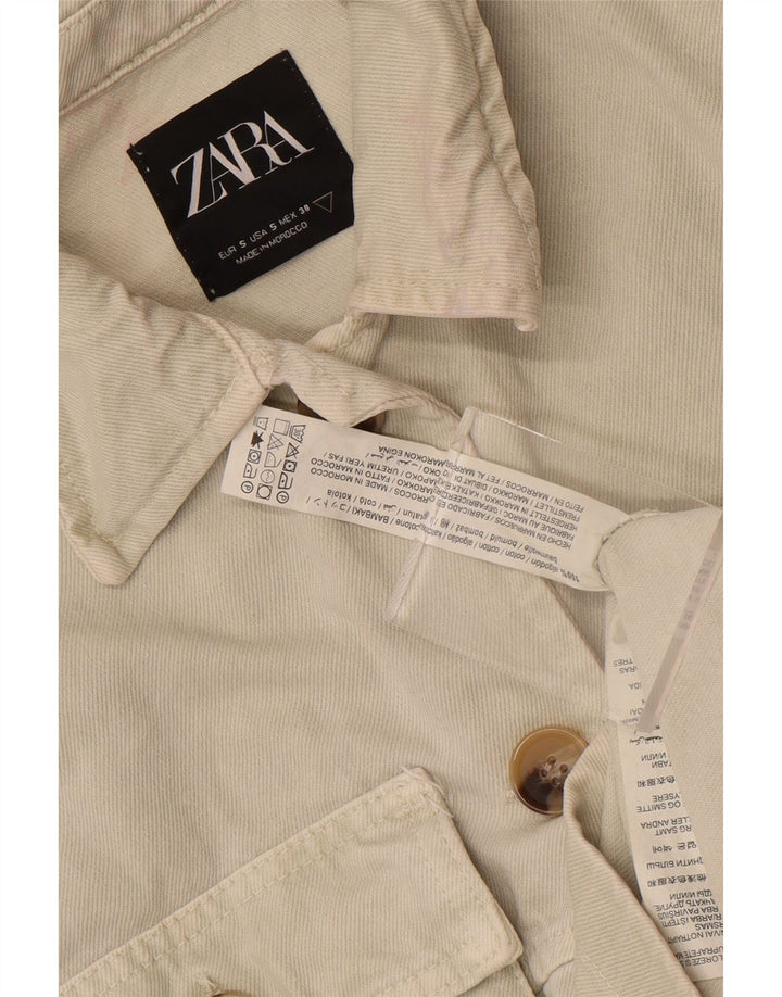 Zara Womens Crop Denim Jacket UK 10 Small Off White Cotton