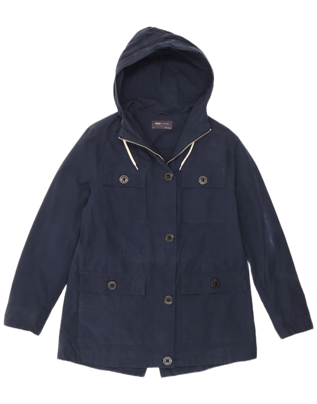 Marks & Spencer Womens Hooded Utility Jacket UK 12 Medium Navy Blue Cotton