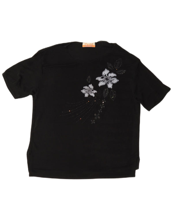Vintage Womens T-Shirt Top UK 16 Large Black Floral