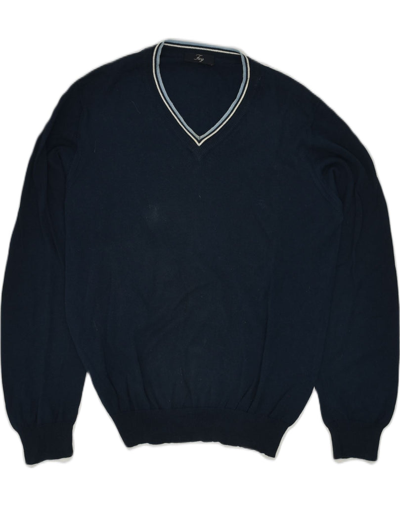 FAY Mens V-Neck Jumper Sweater IT 46 Small Navy Blue Cotton | Vintage Fay | Thrift | Second-Hand Fay | Used Clothing | Messina Hembry 