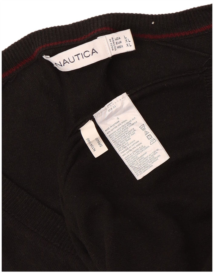 Nautica Mens V-Neck Jumper Sweater Large Black Cotton
