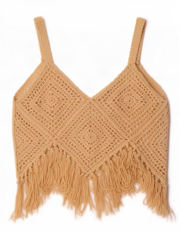 Zara Womens Crochet Crop Top UK 12 Medium Beige Cotton