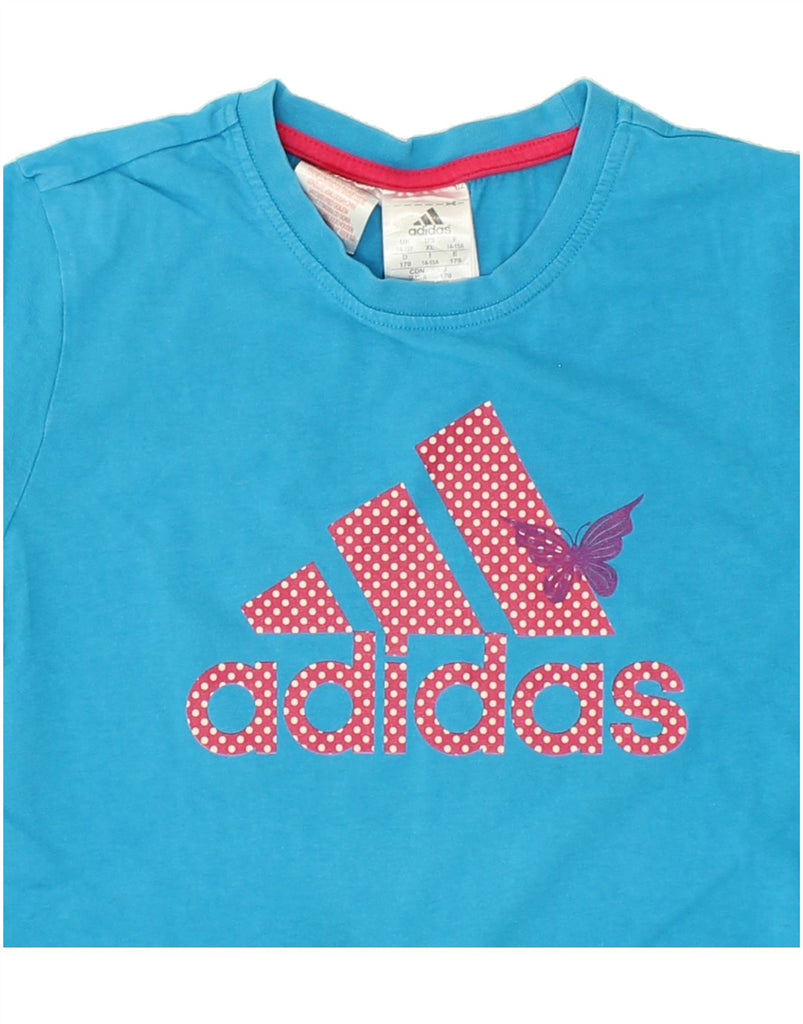 ADIDAS Girls Graphic T-Shirt Top 14-15 Years Blue Cotton Vintage Adidas and Second-Hand Adidas from Messina Hembry 