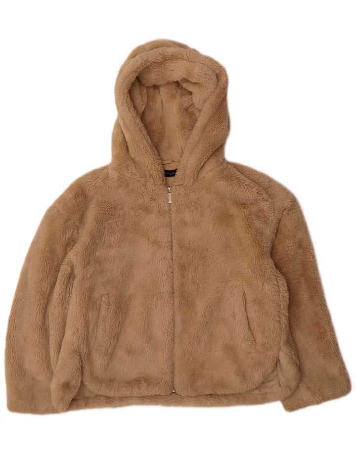 Zara Womens Teddy Bear Hooded Bomber Jacket UK 14 Medium Beige Polyester