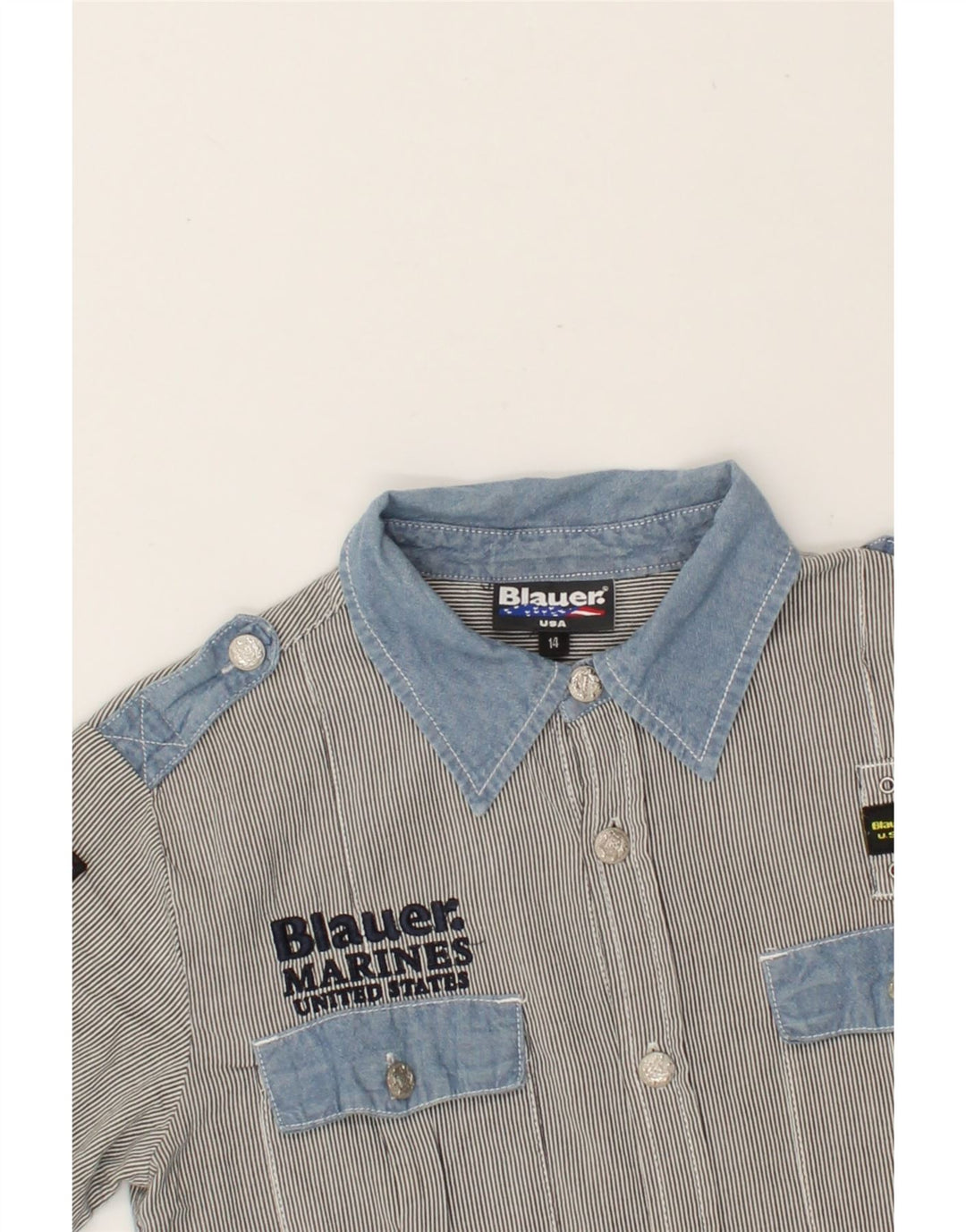 BLAUER Boys Graphic Short Sleeve Shirt 13-14 Years Grey Striped Cotton Vintage Blauer and Second-Hand Blauer from Messina Hembry 