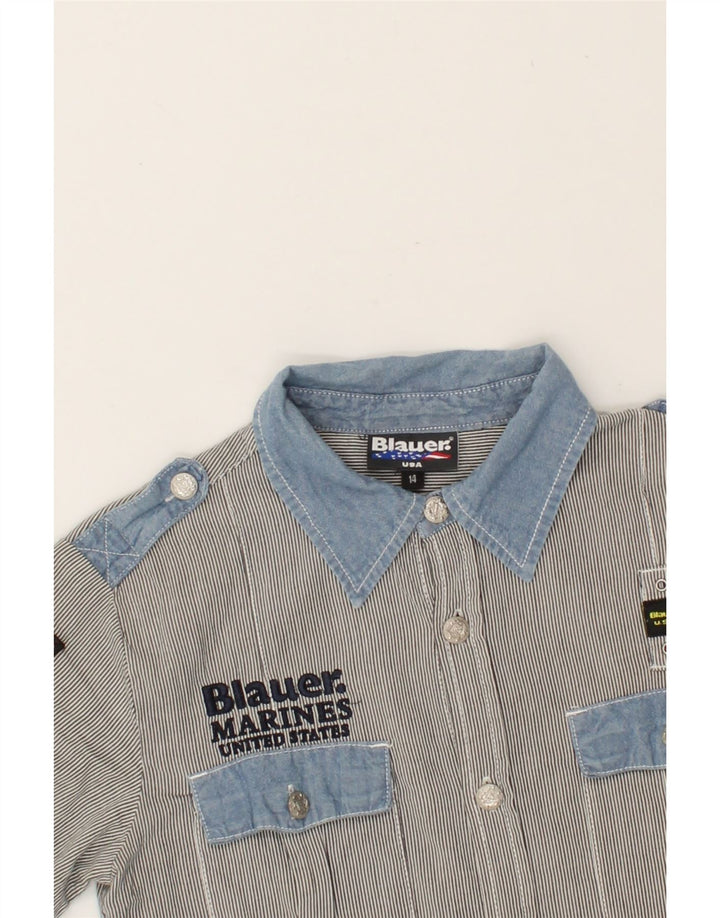 BLAUER Boys Graphic Short Sleeve Shirt 13-14 Years Grey Striped Cotton Vintage Blauer and Second-Hand Blauer from Messina Hembry 