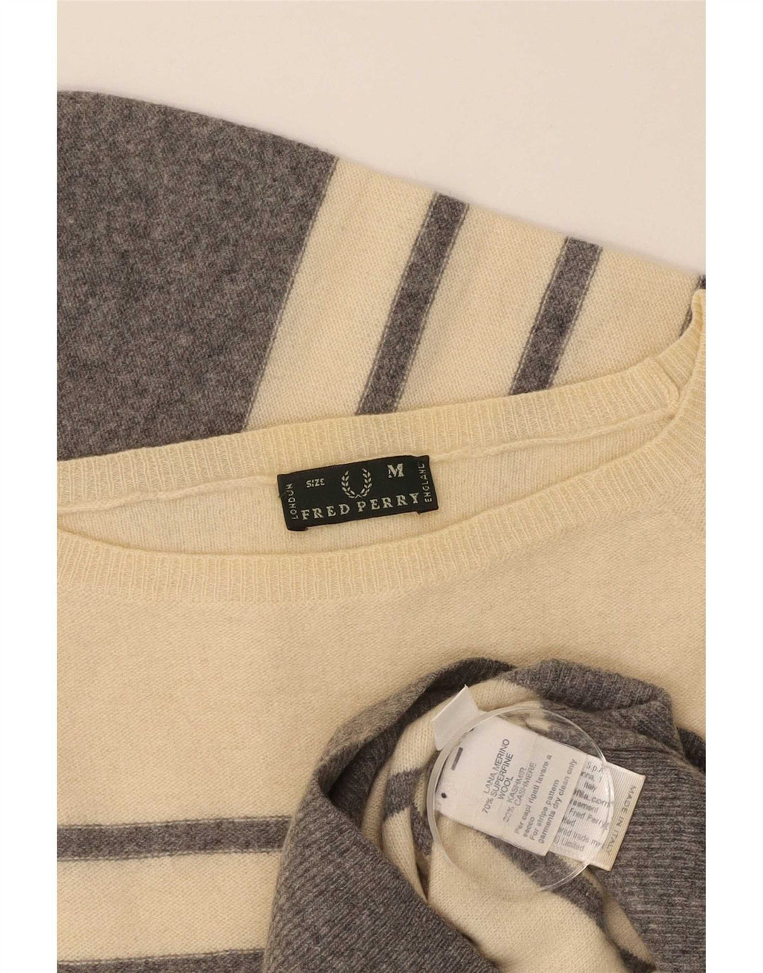Fred Perry Womens Boat Neck Jumper Sweater UK 12 Medium Beige Striped Wool