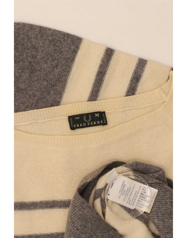 Fred Perry Womens Boat Neck Jumper Sweater UK 12 Medium Beige Striped Wool