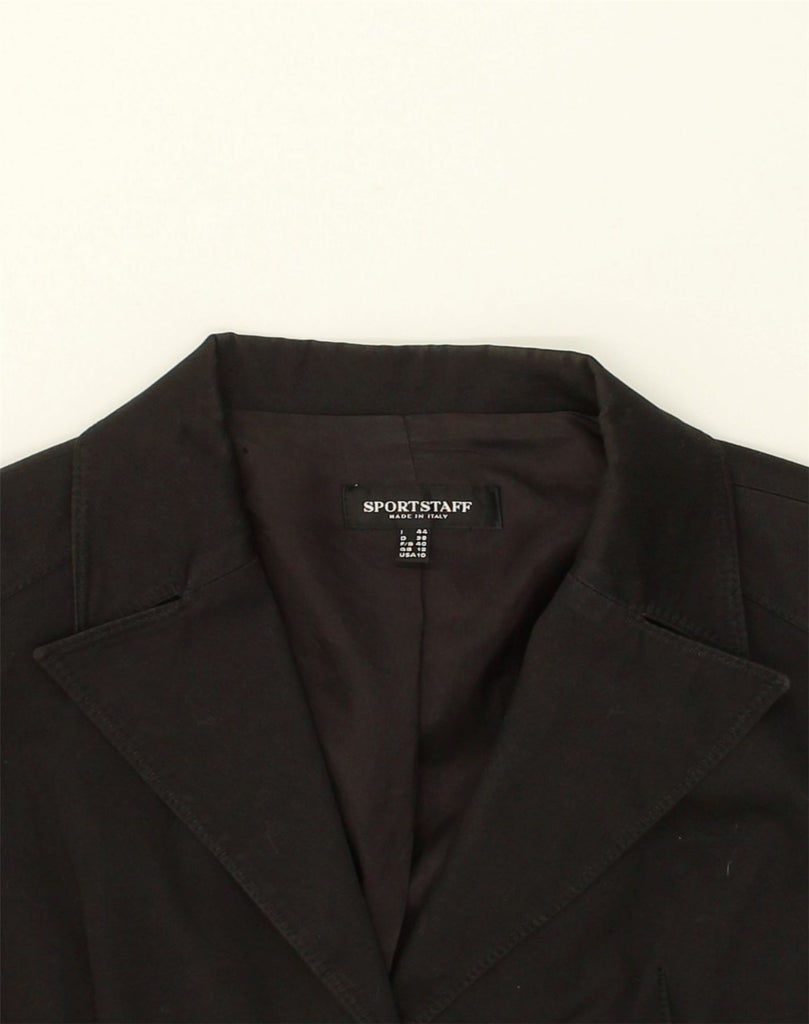 SPORTSTAFF Womens 2 Button Blazer Jacket UK 12 Medium Black Cotton | Vintage Sportstaff | Thrift | Second-Hand Sportstaff | Used Clothing | Messina Hembry 