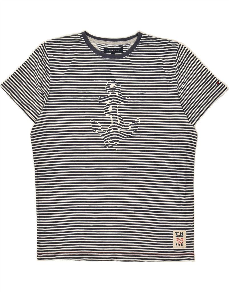 TOMMY HILFIGER Womens Graphic T-Shirt Top UK 14 Medium Navy Blue Striped | Vintage Tommy Hilfiger | Thrift | Second-Hand Tommy Hilfiger | Used Clothing | Messina Hembry 