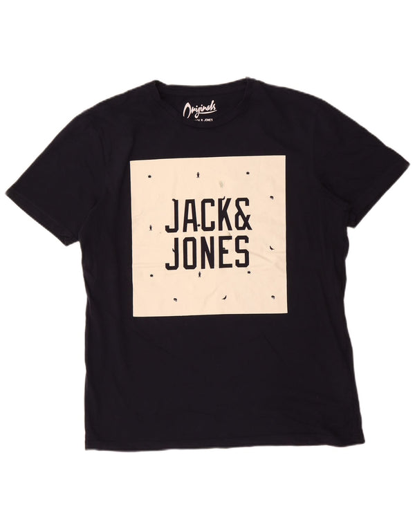 Jack & Jones Mens Graphic T-Shirt Top Large Navy Blue Cotton