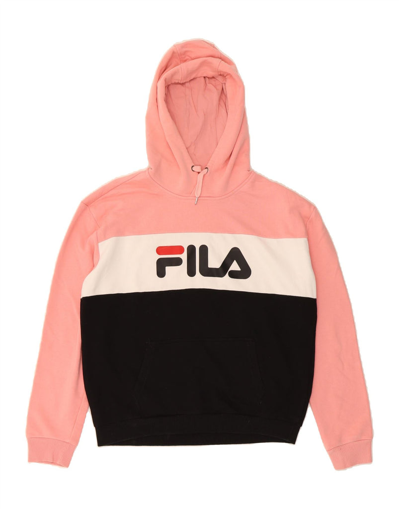 FILA Womens Graphic Hoodie Jumper UK 16 Large Pink Colourblock Cotton Vintage Fila and Second-Hand Fila from Messina Hembry 