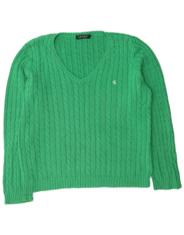 Ralph Lauren Womens V-Neck Jumper Sweater UK 16 Large Green Cotton