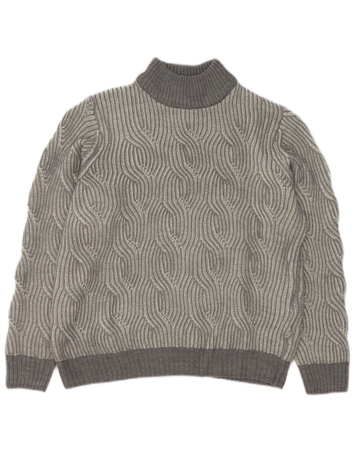 Vintage Mens Turtle Neck Jumper Sweater UK 40/42 Medium Grey Geometric