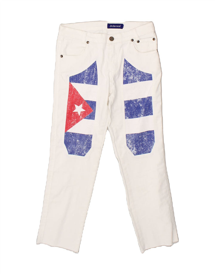 JECKERSON Womens Graphic Cropped Trousers W27 L25 White Colourblock Cotton | Vintage Jeckerson | Thrift | Second-Hand Jeckerson | Used Clothing | Messina Hembry 