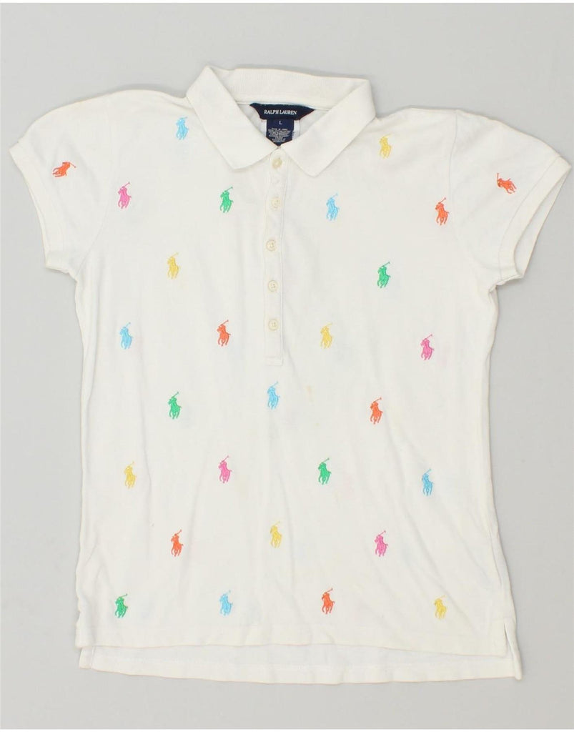 RALPH LAUREN Boys Graphic Polo Shirt 8-9 Years Large White Spotted Cotton Vintage Ralph Lauren and Second-Hand Ralph Lauren from Messina Hembry 