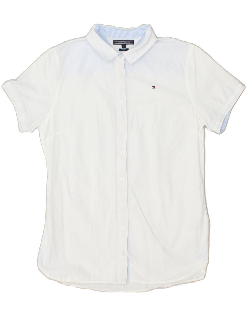 TOMMY HILFIGER Womens Fitted Short Sleeve Shirt US 6 Medium White Cotton Vintage Tommy Hilfiger and Second-Hand Tommy Hilfiger from Messina Hembry 