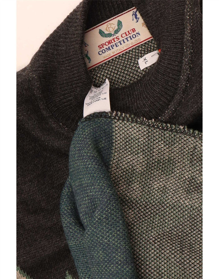 Vintage Mens Turtle Neck Jumper Sweater XL Grey Geometric Wool