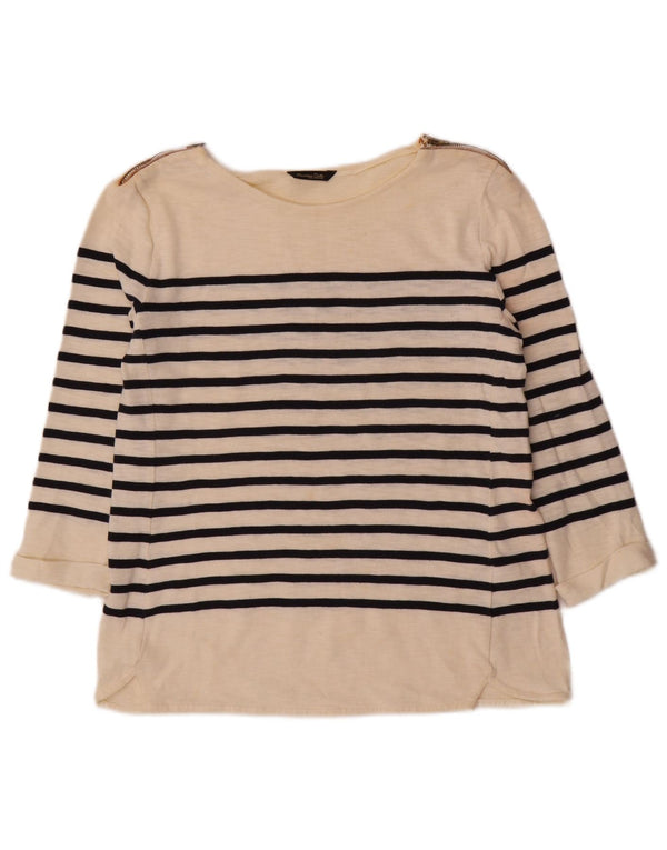 Massimo Dutti Womens Top 3/4 Sleeve UK 12 Medium Off White Striped Cotton