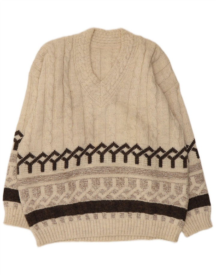 Vintage Mens V-Neck Jumper Sweater Medium Beige Fair Isle Acrylic