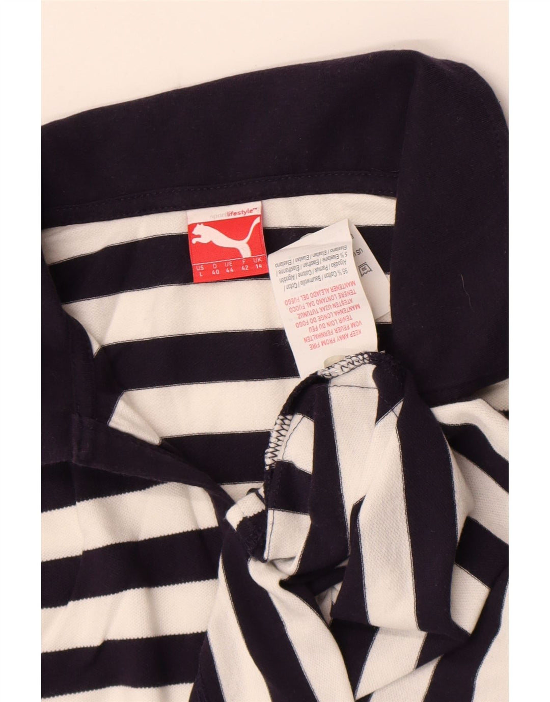 Puma Womens Polo Shirt UK 14 Medium Navy Blue Striped Cotton