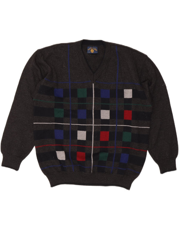 Navigare Mens V-Neck Jumper Sweater Large Grey Geometric Wool