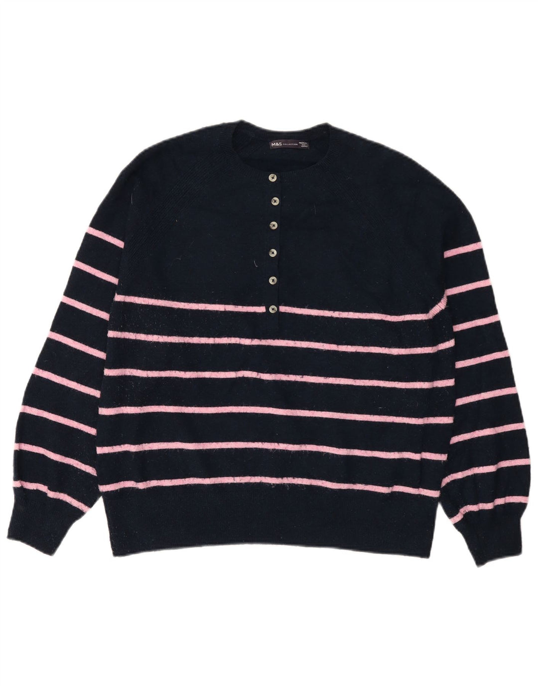 MARKS & SPENCER Womens Button Neck Jumper Sweater UK 14 Medium Navy Blue