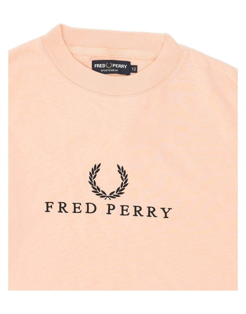 FRED PERRY Womens Graphic Sweatshirt Jumper UK 12 Medium  Pink Cotton | Vintage Fred Perry | Thrift | Second-Hand Fred Perry | Used Clothing | Messina Hembry 