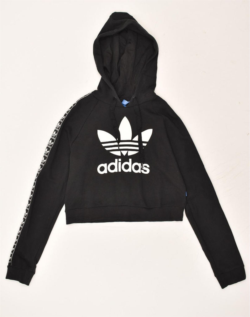 ADIDAS Womens Crop Graphic Hoodie Jumper UK 10 Small Black Cotton | Vintage Adidas | Thrift | Second-Hand Adidas | Used Clothing | Messina Hembry 