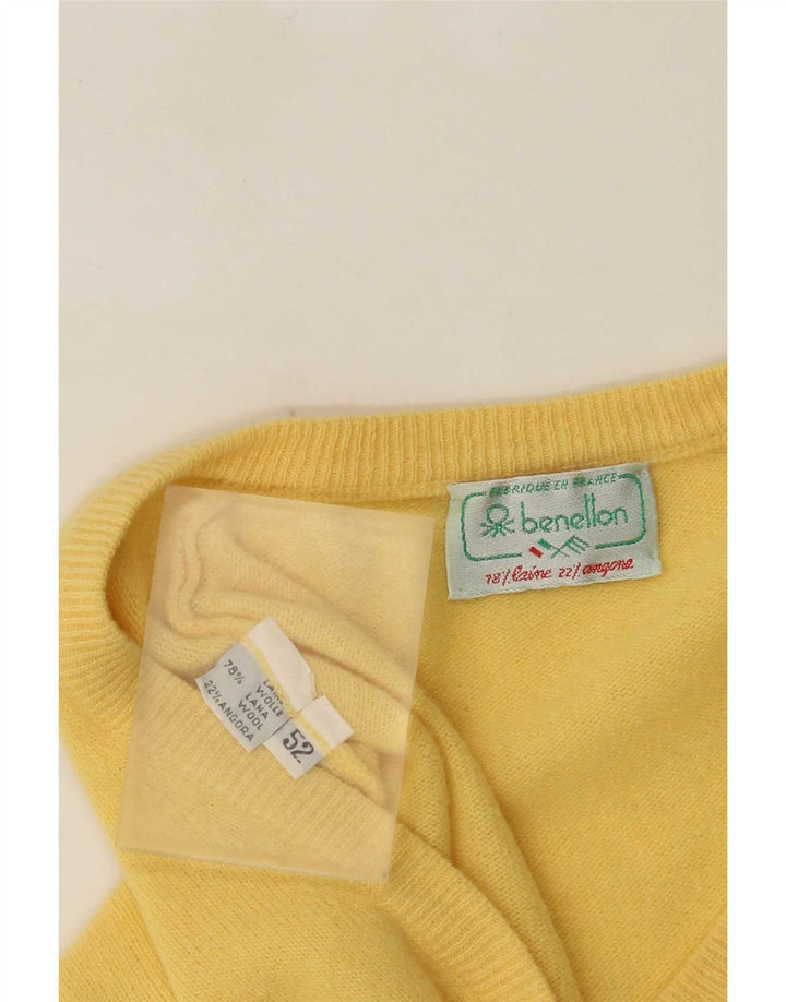 Benetton Mens V-Neck Jumper Sweater IT 52 Large Yellow Wool