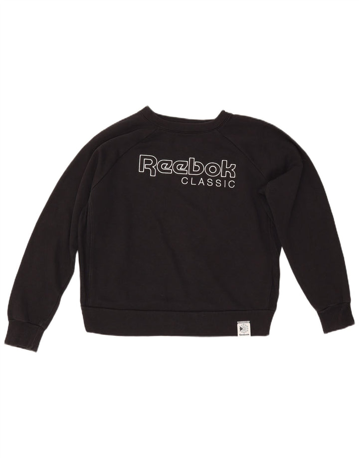 REEBOK Womens Graphic Sweatshirt Jumper UK 14 Medium Black Cotton