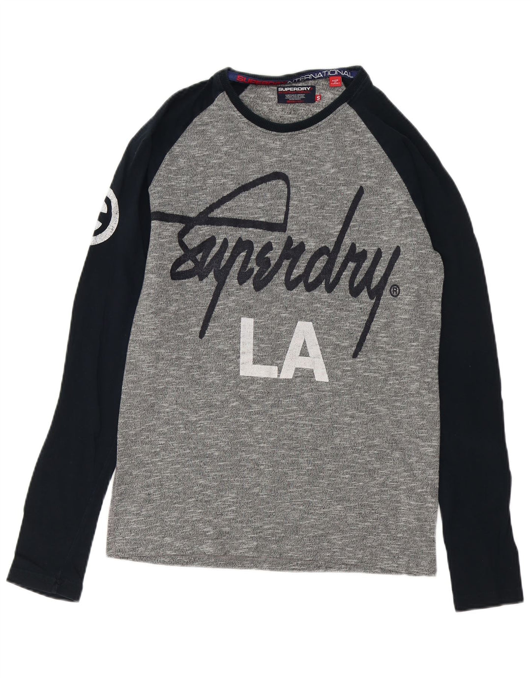 SUPERDRY Mens Graphic Top Long Sleeve Small Grey Colourblock Cotton