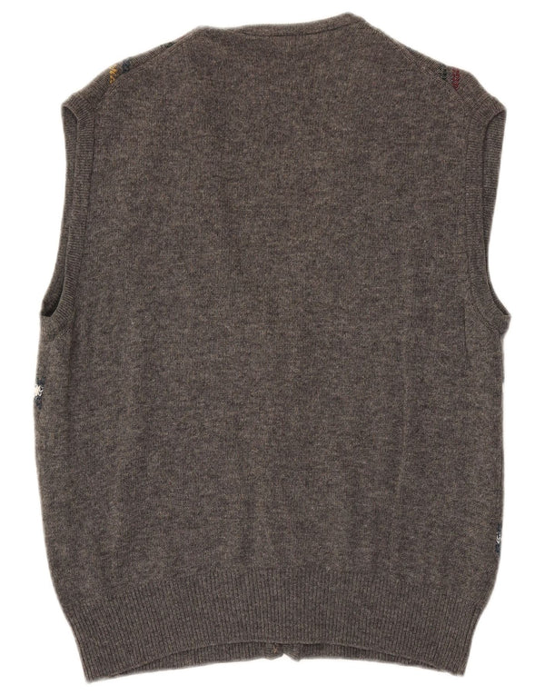 VINTAGE Mens Sleeveless Cardigan Sweater Large Grey Argyle/Diamond