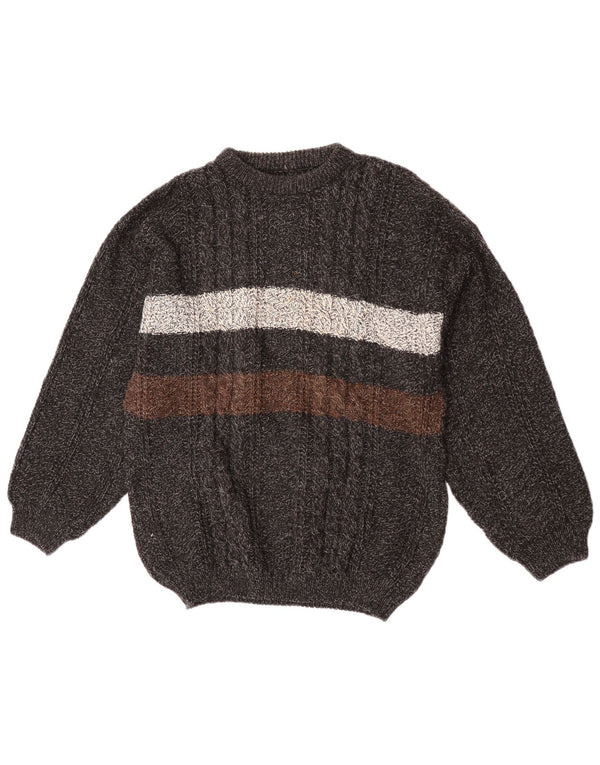Vintage Mens Crew Neck Jumper Sweater Large Grey Colourblock Acrylic