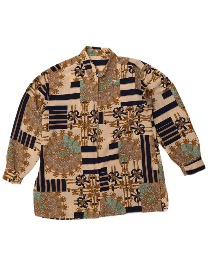 Vintage Womens Abstract Pattern Oversized Shirt Blouse UK 10 Small Beige