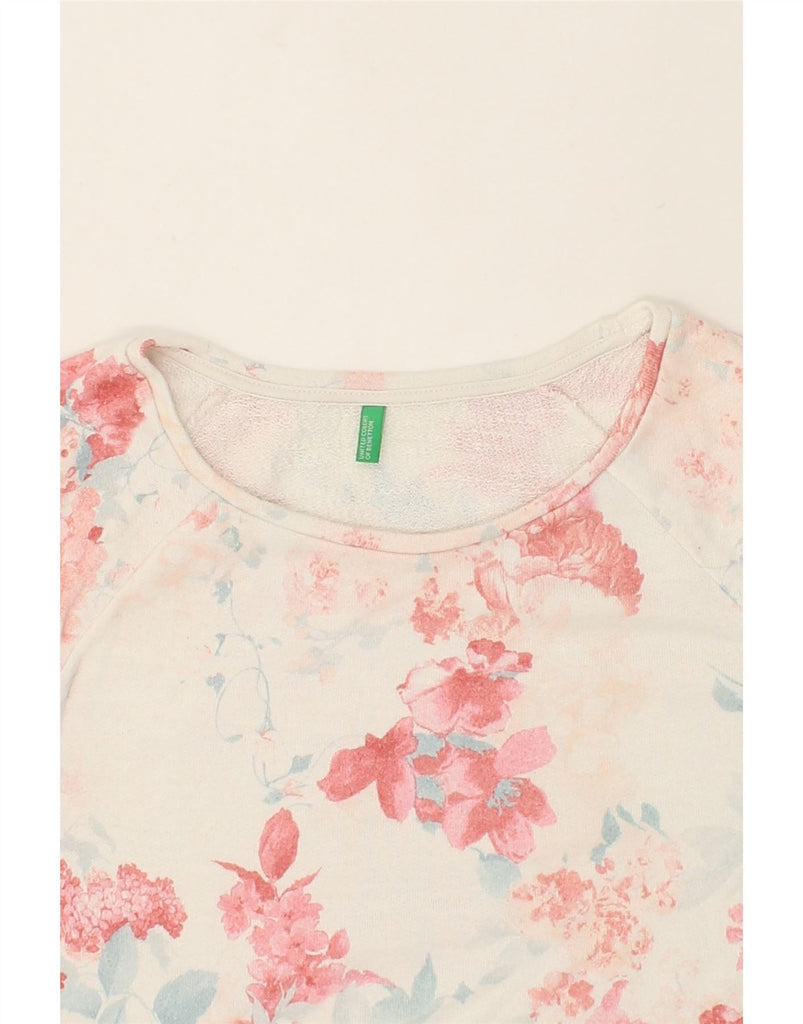 BENETTON Womens Top 3/4 Sleeve UK 10 Small White Floral Cotton | Vintage Benetton | Thrift | Second-Hand Benetton | Used Clothing | Messina Hembry 