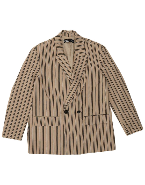 Zara Mens Double Breasted Blazer Jacket UK 36 Small Beige Striped Viscose