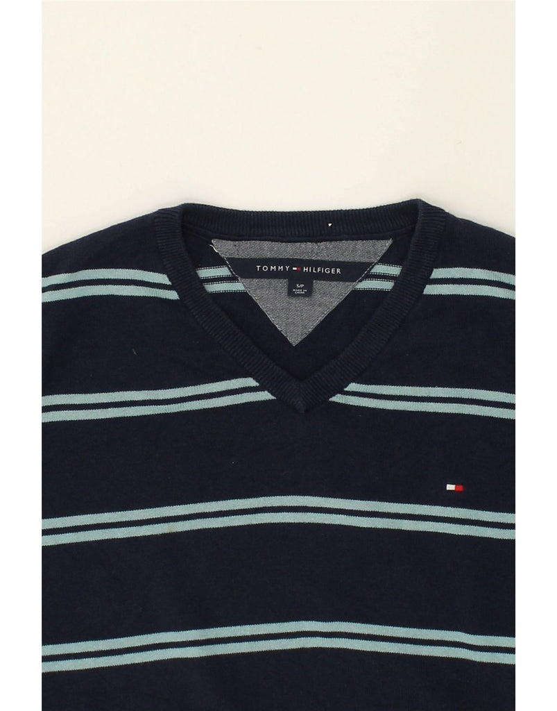 TOMMY HILFIGER Mens V-Neck Jumper Sweater Small Navy Blue Striped Cotton | Vintage Tommy Hilfiger | Thrift | Second-Hand Tommy Hilfiger | Used Clothing | Messina Hembry 