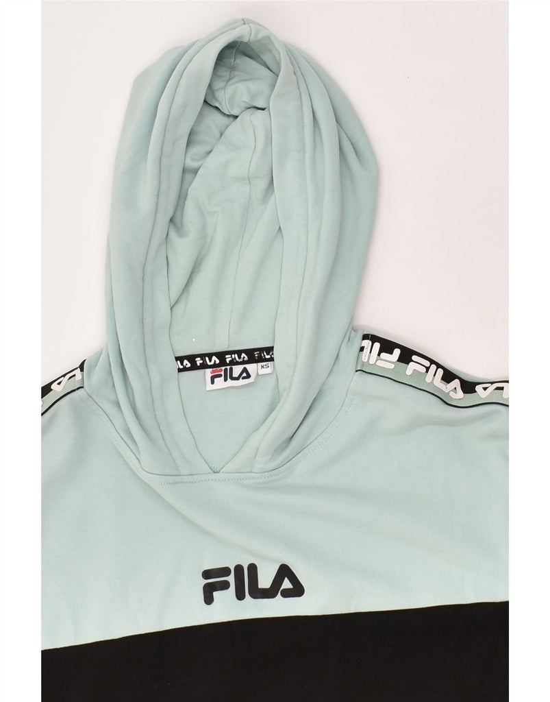 FILA Womens Oversized Graphic Hoodie Jumper UK 6 XS Black Colourblock | Vintage Fila | Thrift | Second-Hand Fila | Used Clothing | Messina Hembry 