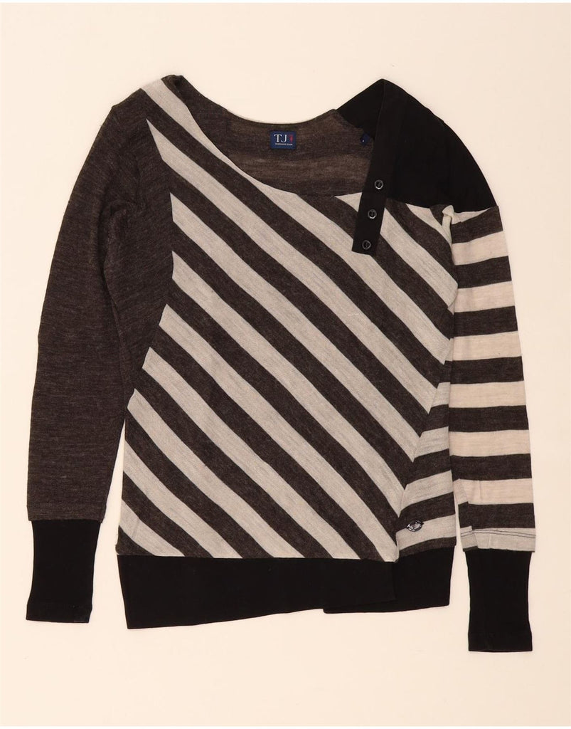 TRUSSARDI JEANS Womens Boat Neck Jumper Sweater UK 10 Small Grey Striped Vintage Trussardi Jeans and Second-Hand Trussardi Jeans from Messina Hembry 