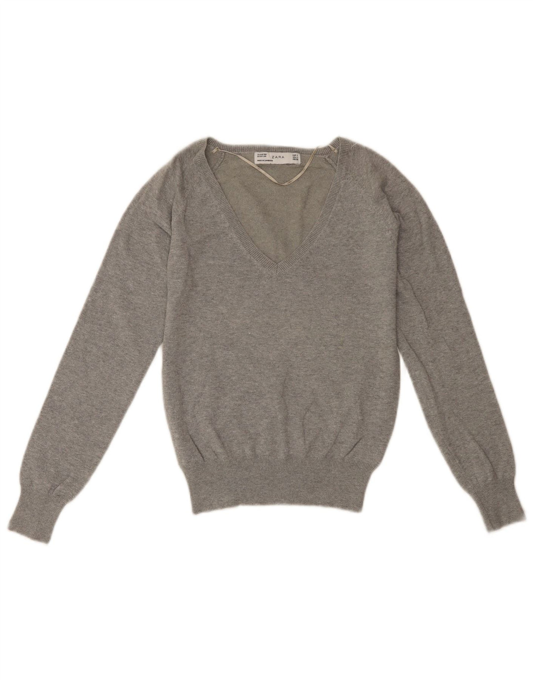 ZARA Womens Crop V-Neck Jumper Sweater UK 10 Small Grey Cotton