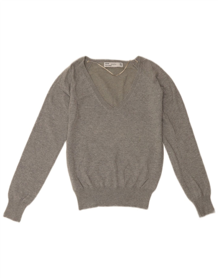 ZARA Womens Crop V-Neck Jumper Sweater UK 10 Small Grey Cotton
